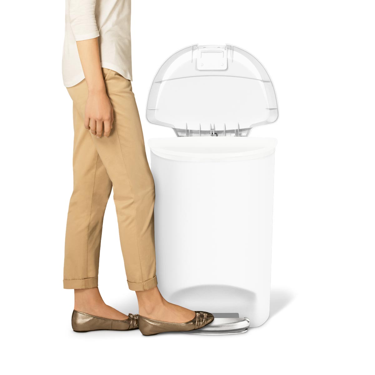 50L semi-round plastic step trash can - white - foot on pedal image