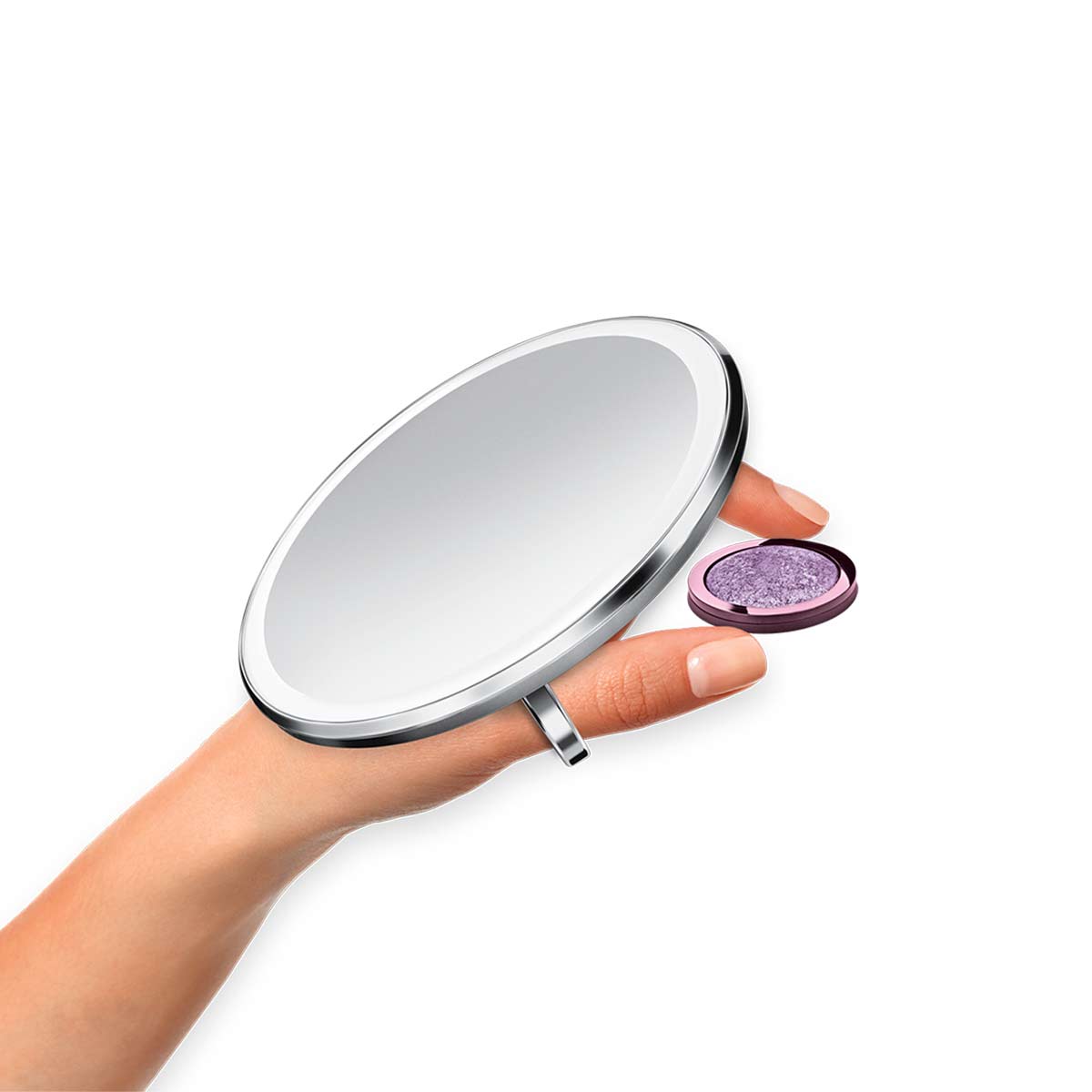 sensor mirror compact 3x - brushed finish - hand holding makeup image